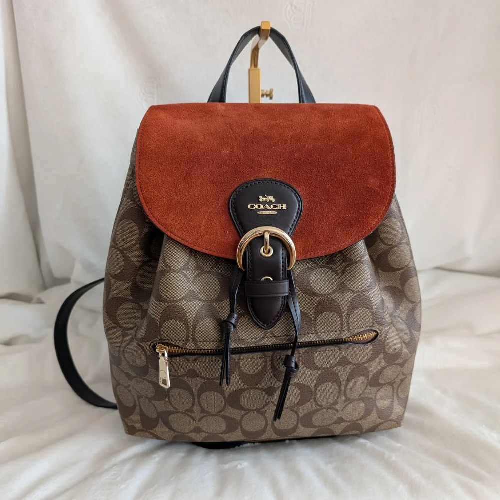 Coach Kleo Backpack Suede & Leather Monogram Signature C Orange Brown Gold Black - Picture 1 of 9